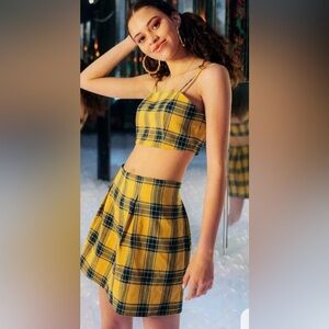 Zaful Mustard Yellow and Blue Plaid Print Crop Cami Top & Fold Pleat Skirt Set